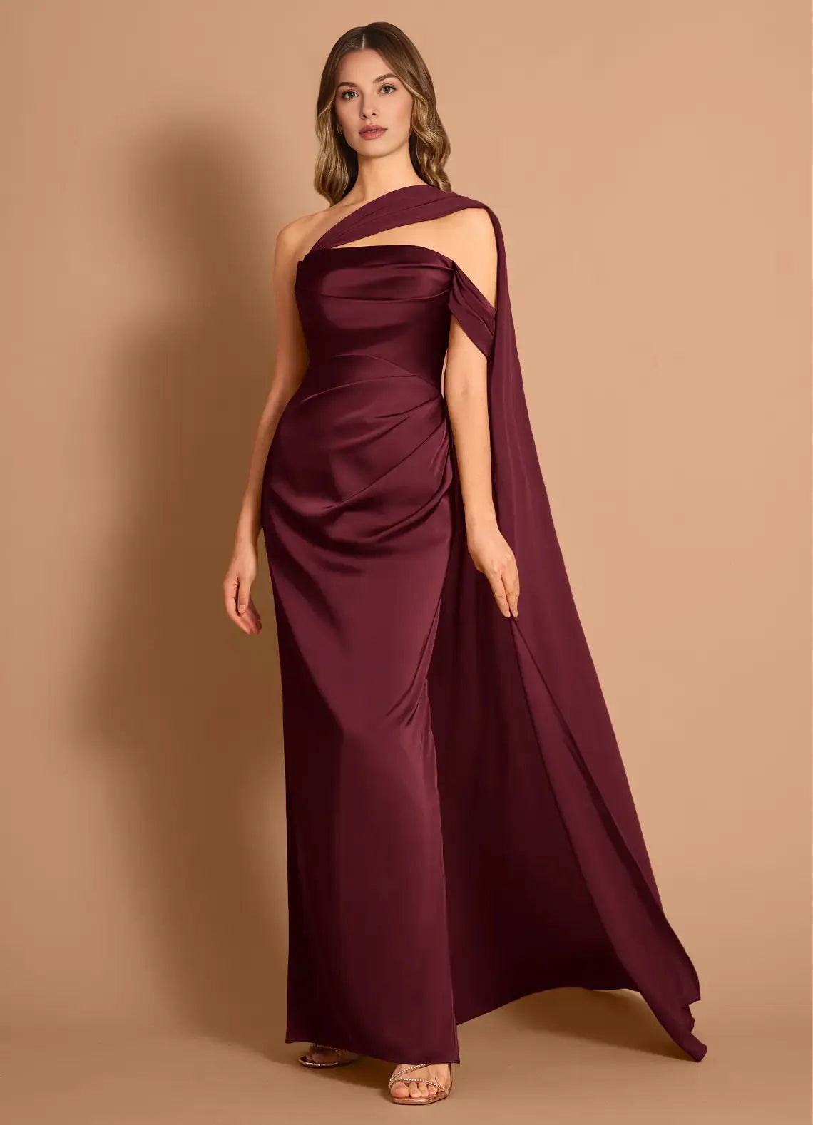 Mermaid Off-the-Shoulder Satin Wine Maxi Evening Dress With Streamer