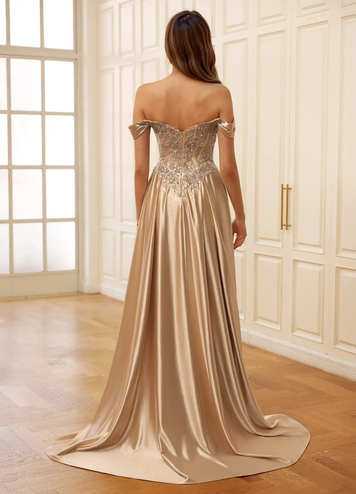 Mermaid Off-the-Shoulder Sequins Applique Satin Champagne Prom Dress