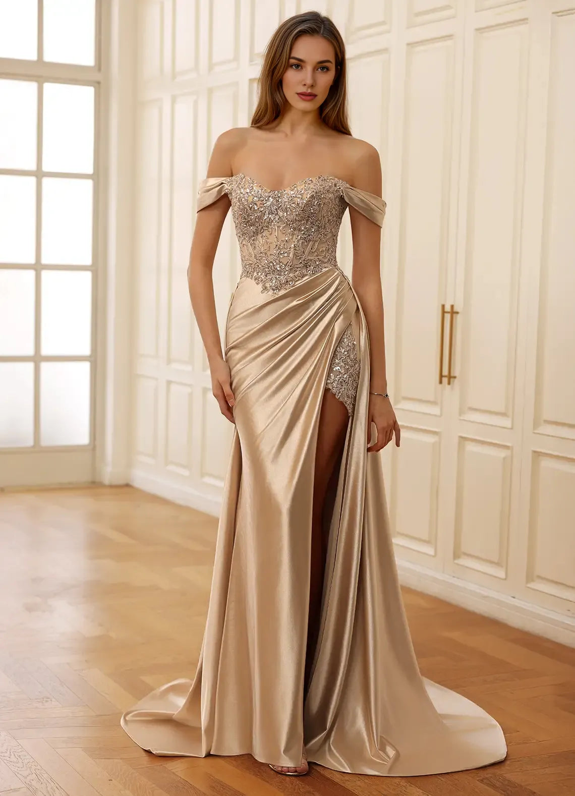 Mermaid Off-the-Shoulder Sequins Applique Satin Champagne Prom Dress