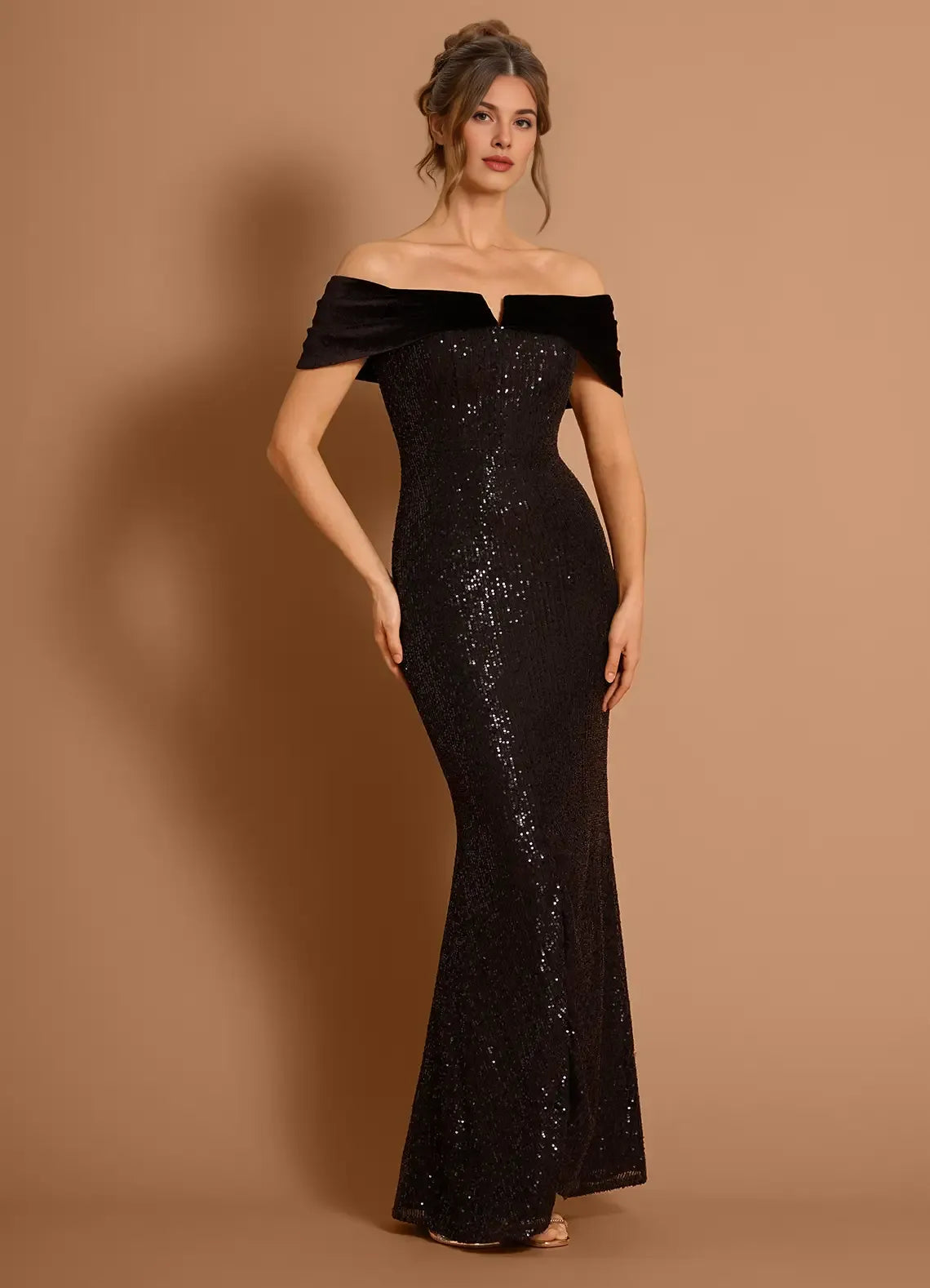 Mermaid Off-the-Shoulder Sequins Velvet Black Maxi Evening Dress Hot Sale