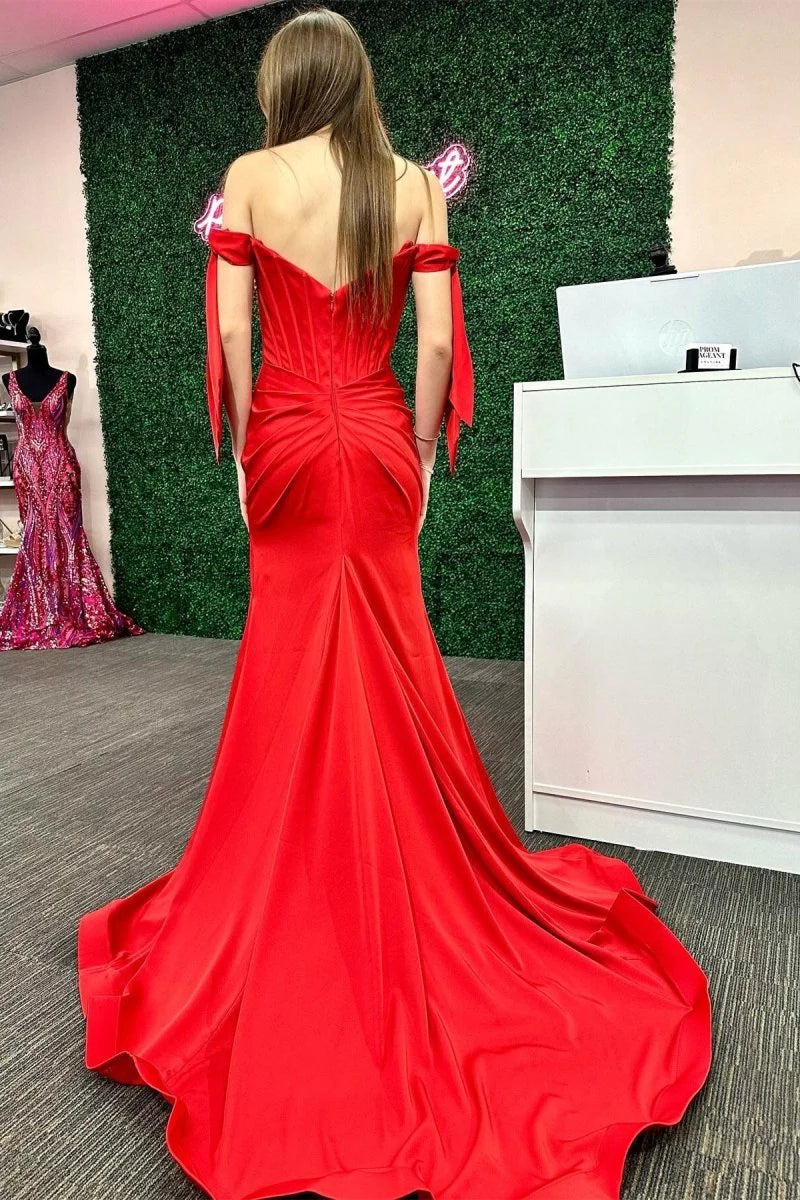 Mermaid Off-the-Shoulder Tie Bow Satin Red Evening Dress With Train