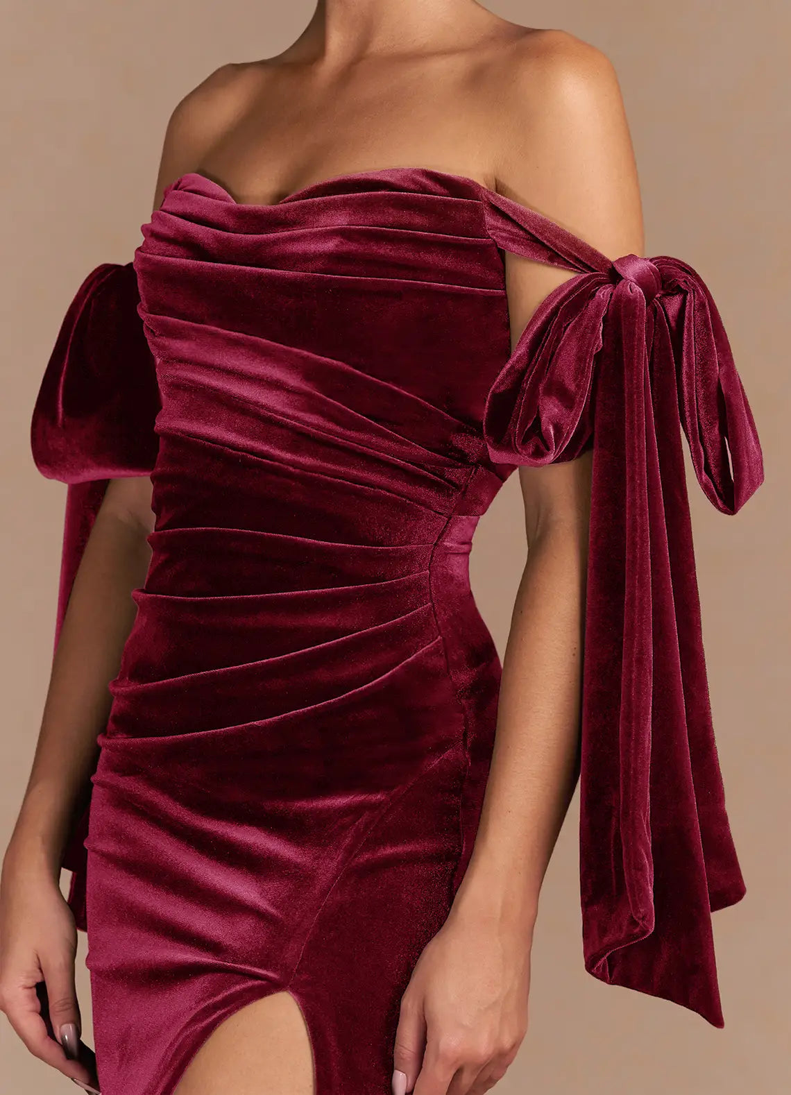 Mermaid Off-the-Shoulder Tie Pleated Velvet Merlot Maxi Evening Dress
