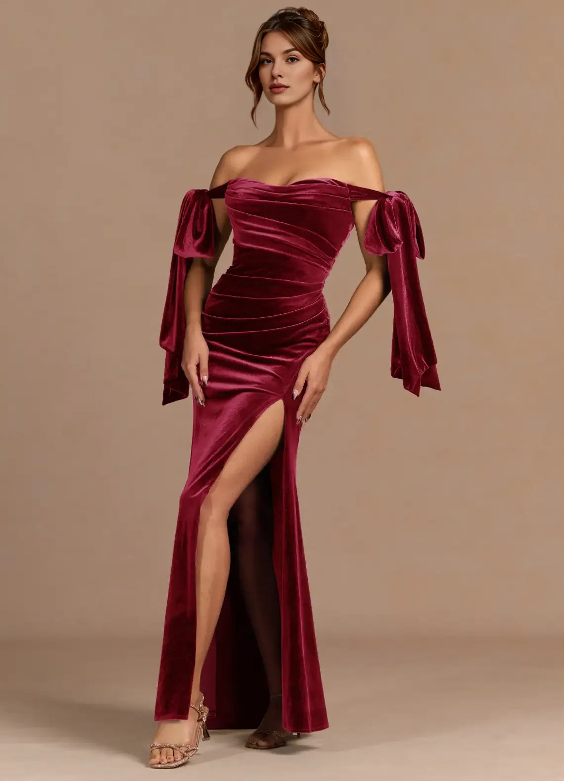 Mermaid Off-the-Shoulder Tie Pleated Velvet Merlot Maxi Evening Dress