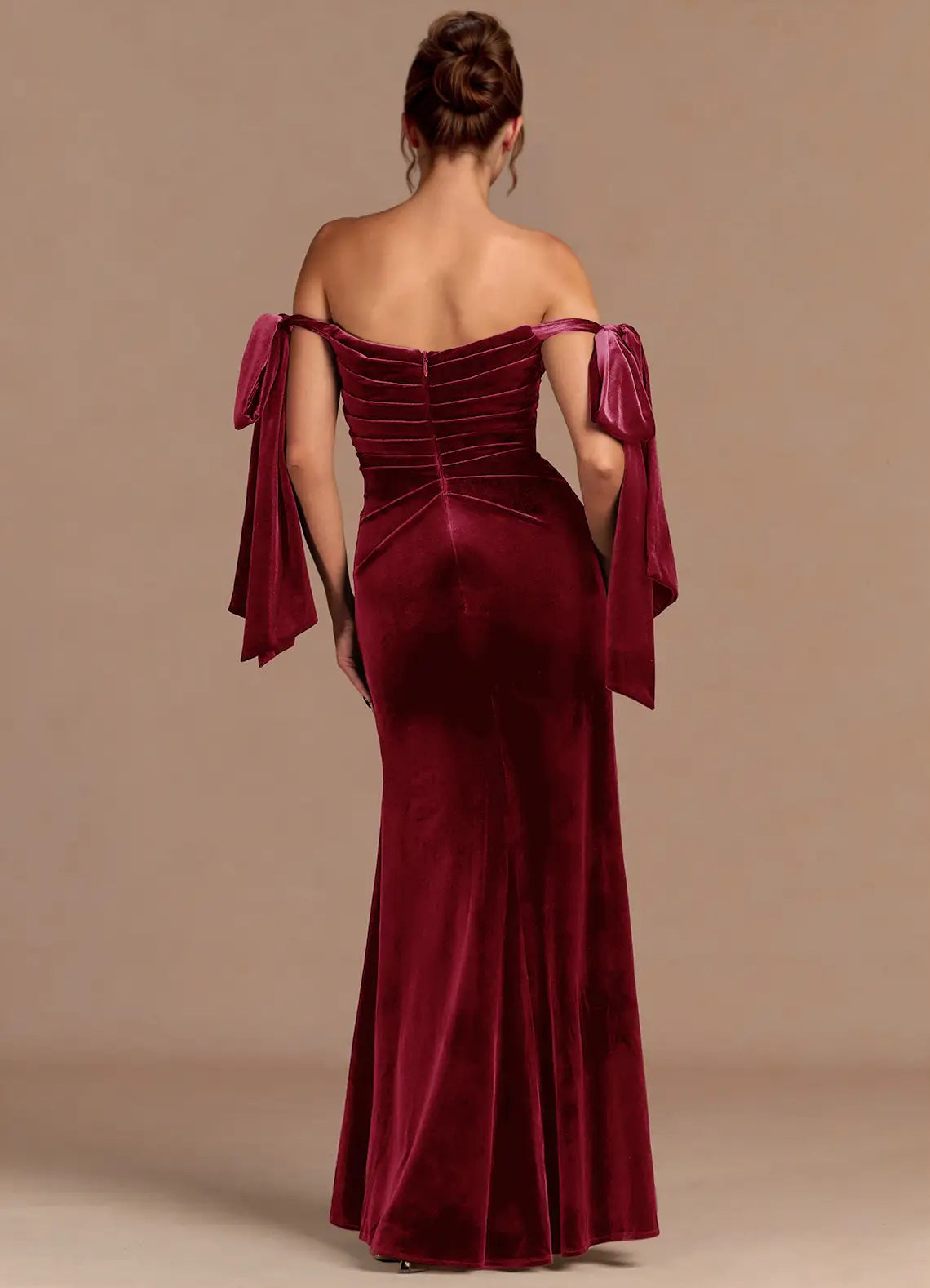 Mermaid Off-the-Shoulder Tie Pleated Velvet Merlot Maxi Evening Dress
