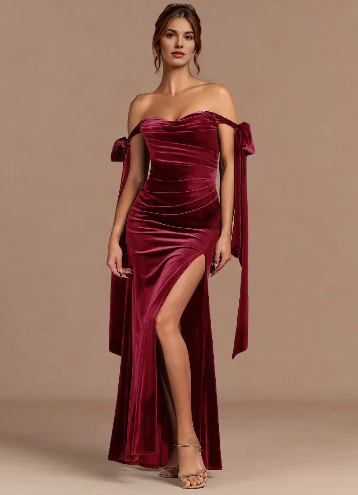 Mermaid Off-the-Shoulder Tie Pleated Velvet Merlot Maxi Evening Dress