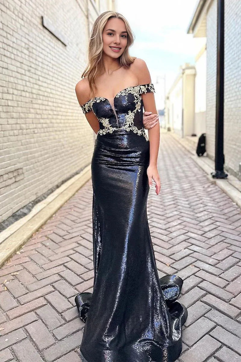 Mermaid Off The Shoulder Sequin Black Long Prom Dress With Appliques