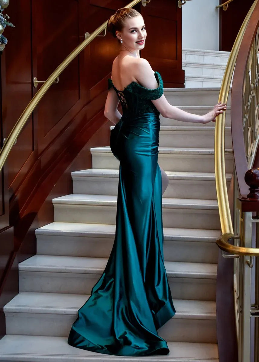 Mermaid Off the Shoulder Applique Satin Dark Green Evening Dress With Slit
