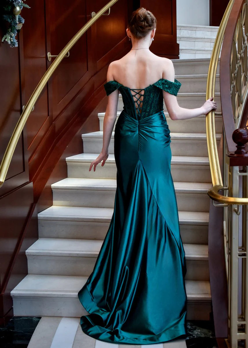 Mermaid Off the Shoulder Applique Satin Dark Green Evening Dress With Slit