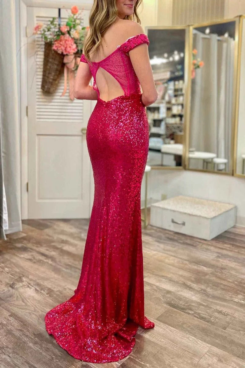 Mermaid Off the Shoulder Appliques Slit Sequin Magenta Evening Dress