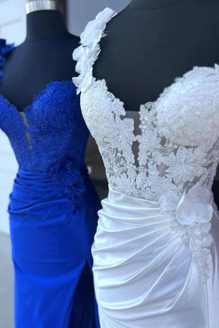 Mermaid One-Shoulder Applique Lace Satin Red Long Prom Dress With Slit