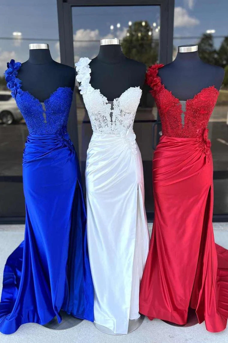 Mermaid One-Shoulder Applique Lace Satin Red Long Prom Dress With Slit