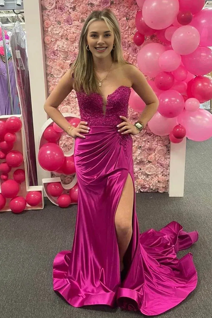 Mermaid One-Shoulder Applique Lace Satin Red Long Prom Dress With Slit