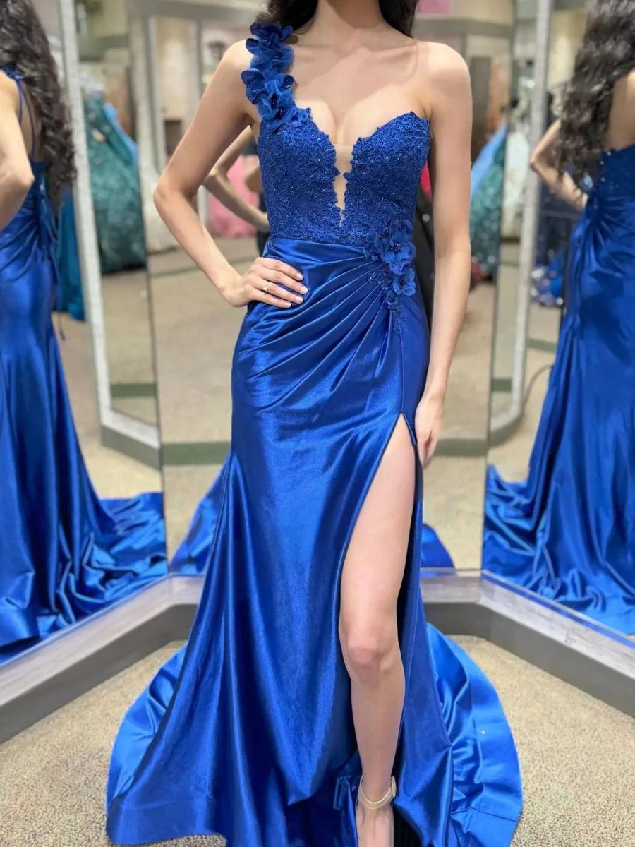 Mermaid One-Shoulder Applique Lace Satin Red Long Prom Dress With Slit