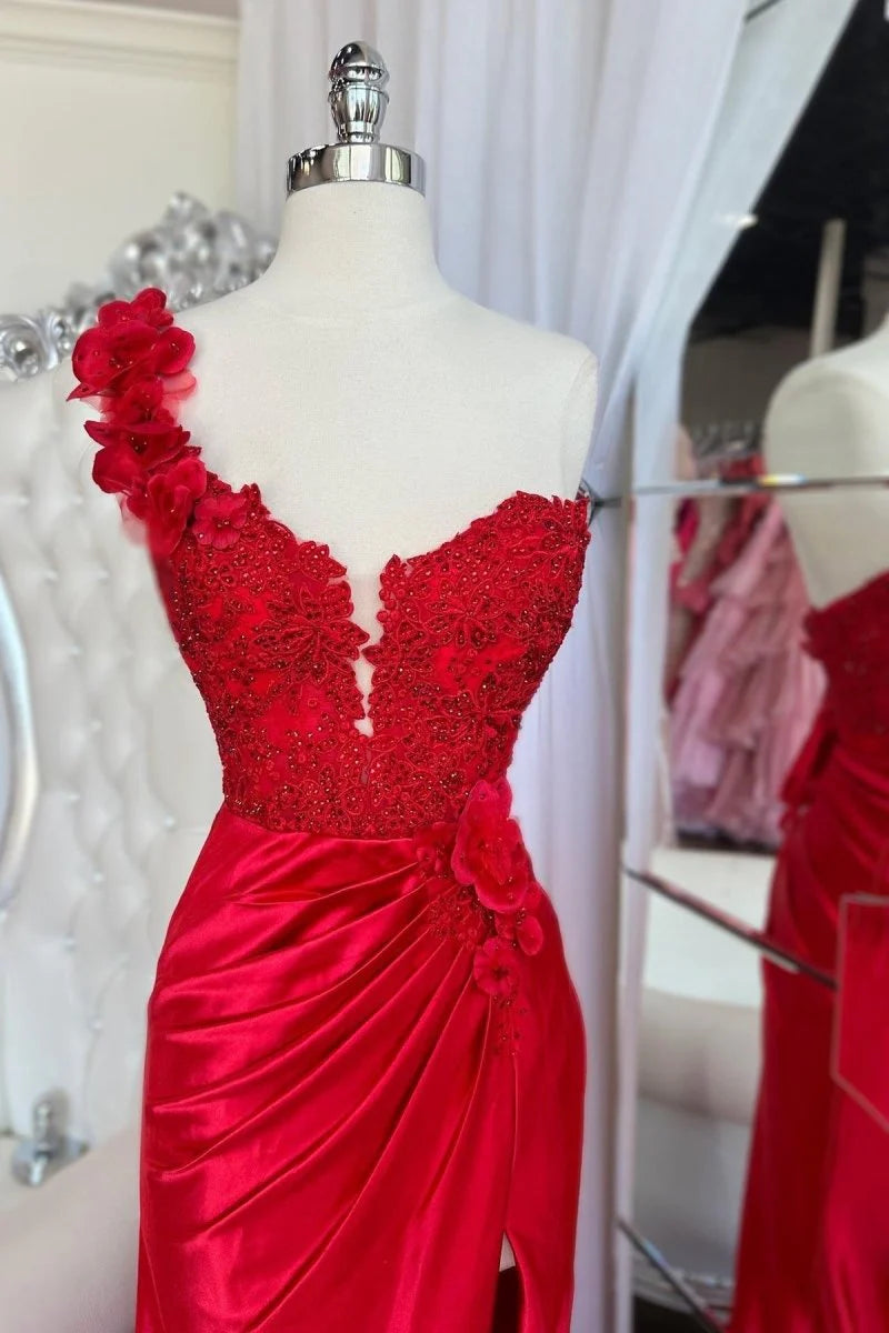 Mermaid One-Shoulder Applique Lace Satin Red Long Prom Dress With Slit