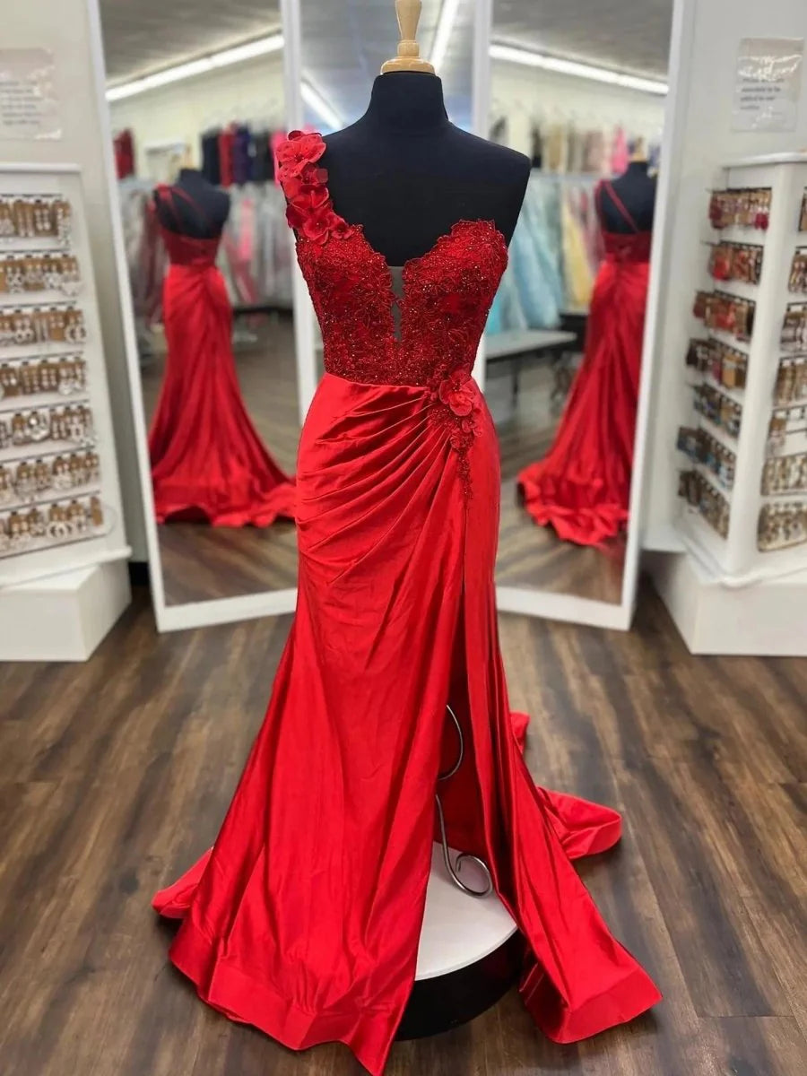 Mermaid One-Shoulder Applique Lace Satin Red Long Prom Dress With Slit