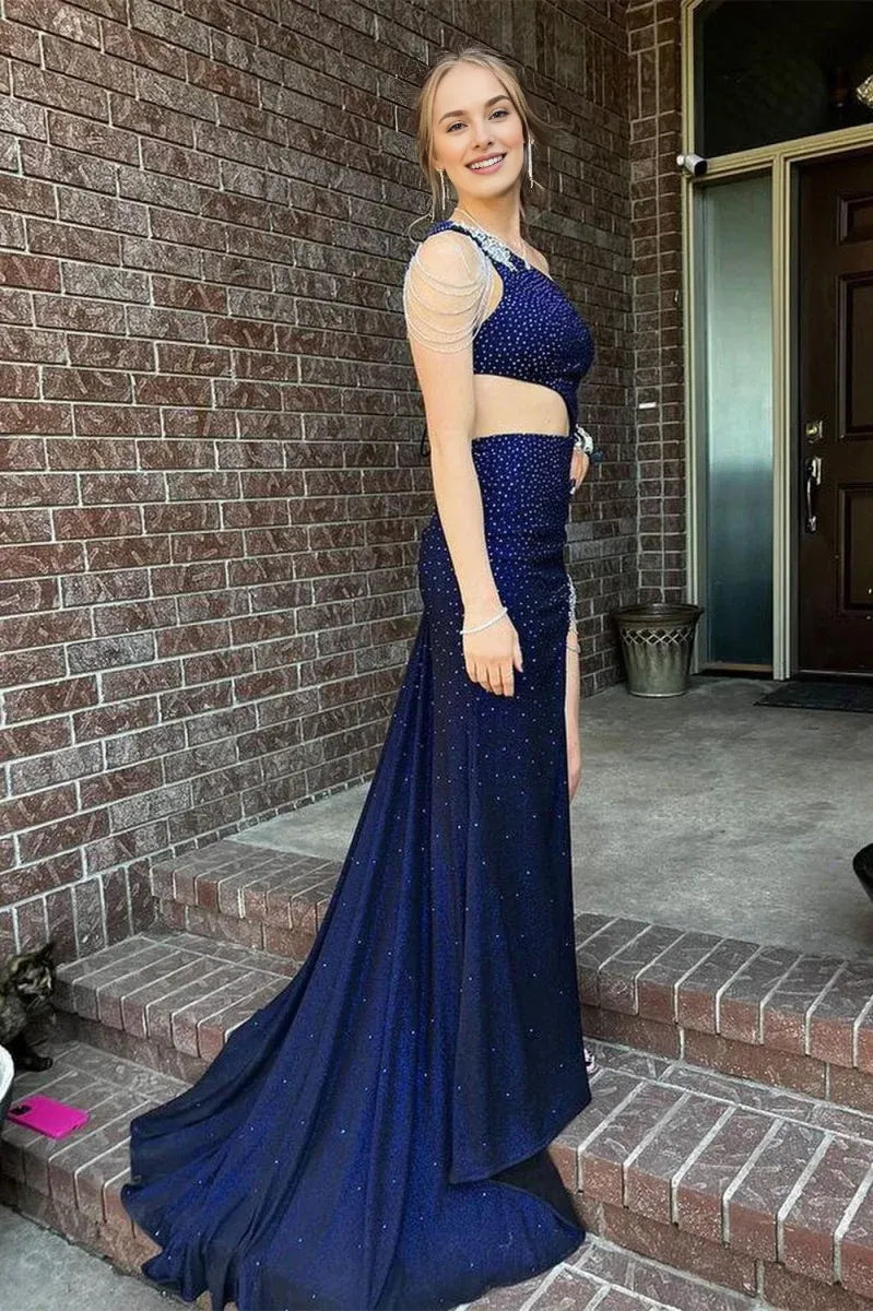 Mermaid One-Shoulder Beaded Cutout Hunter Green Long Evening Dress