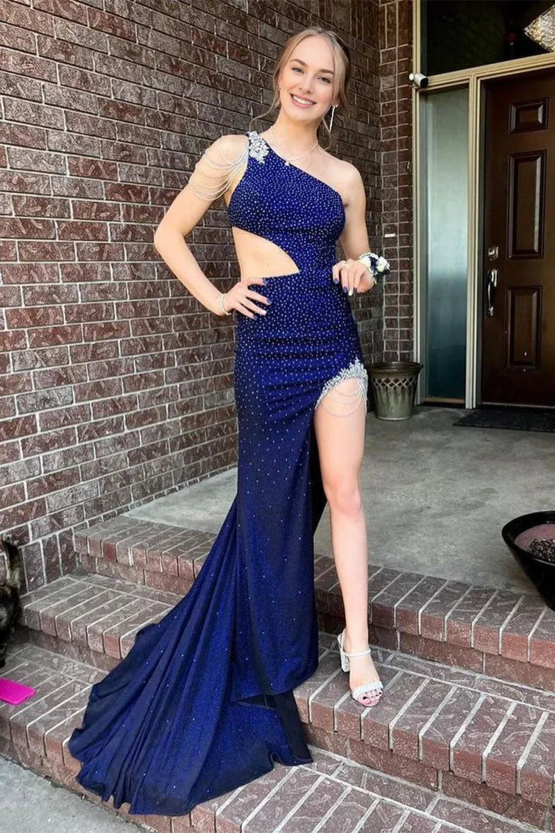 Mermaid One-Shoulder Beaded Cutout Hunter Green Long Evening Dress