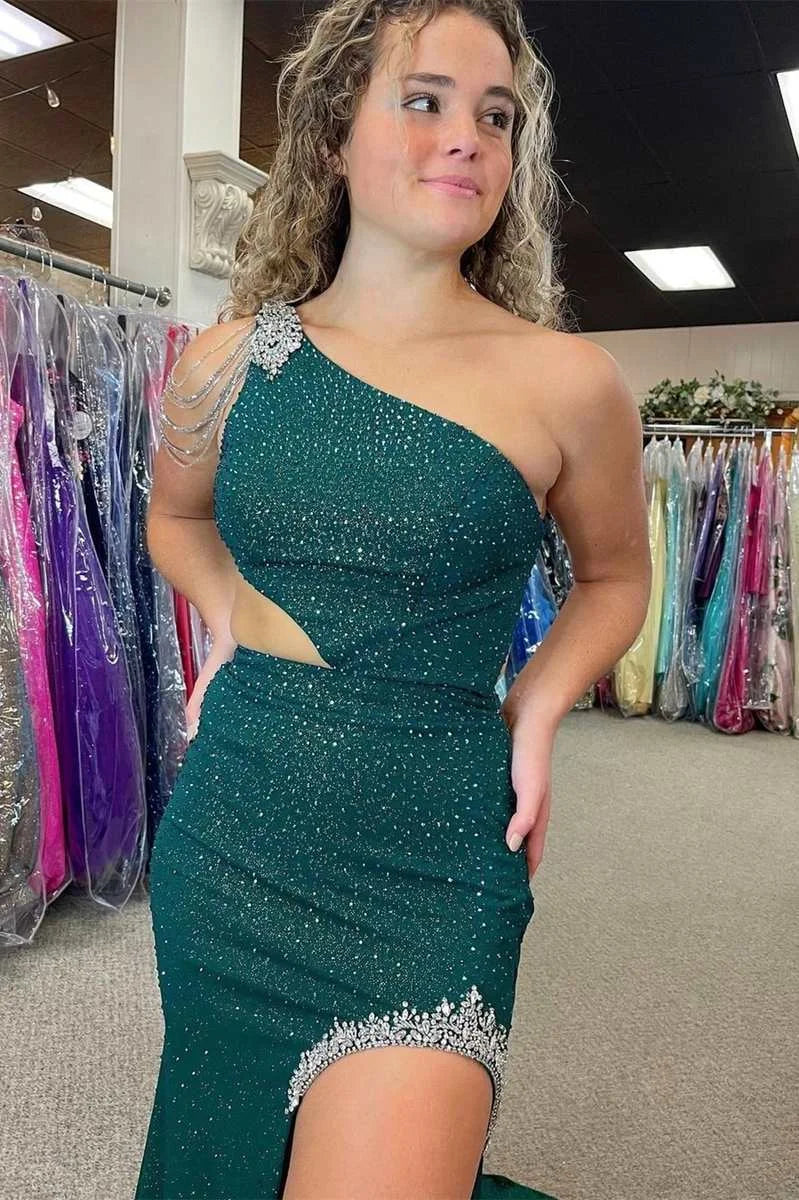 Mermaid One-Shoulder Beaded Cutout Hunter Green Long Evening Dress