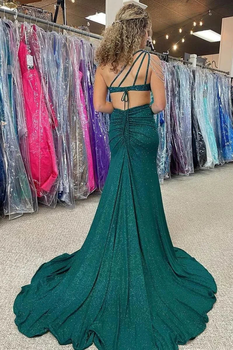 Mermaid One-Shoulder Beaded Cutout Hunter Green Long Evening Dress