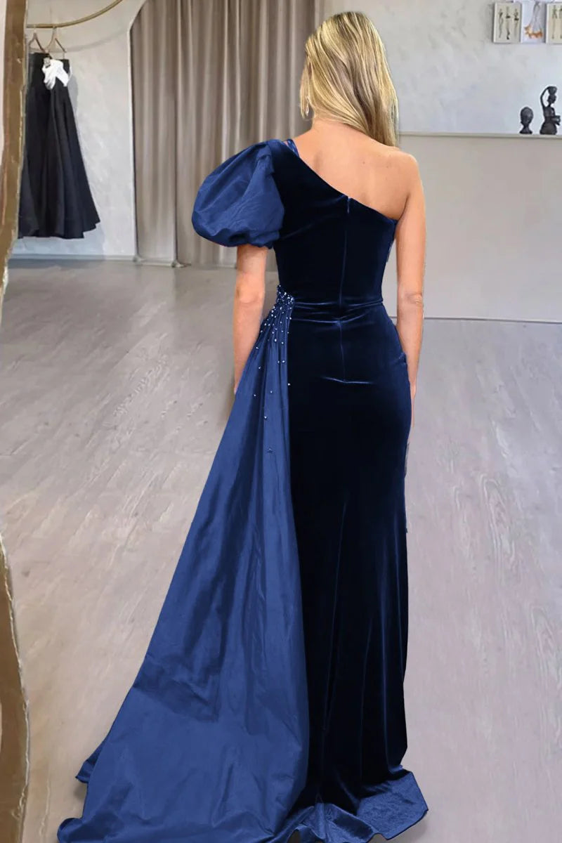 Mermaid One-Shoulder Beaded Velvet Royal Blue Long Evening Dress With Train