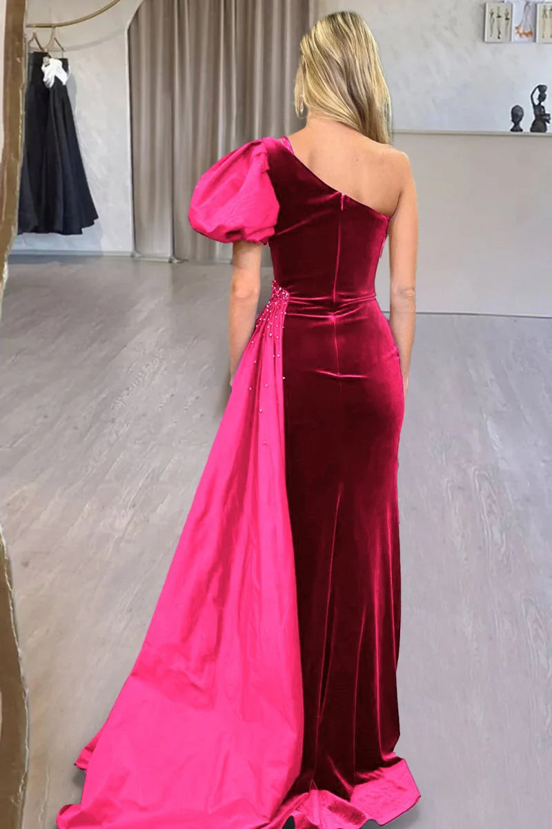 Mermaid One-Shoulder Beaded Velvet Royal Blue Long Evening Dress With Train