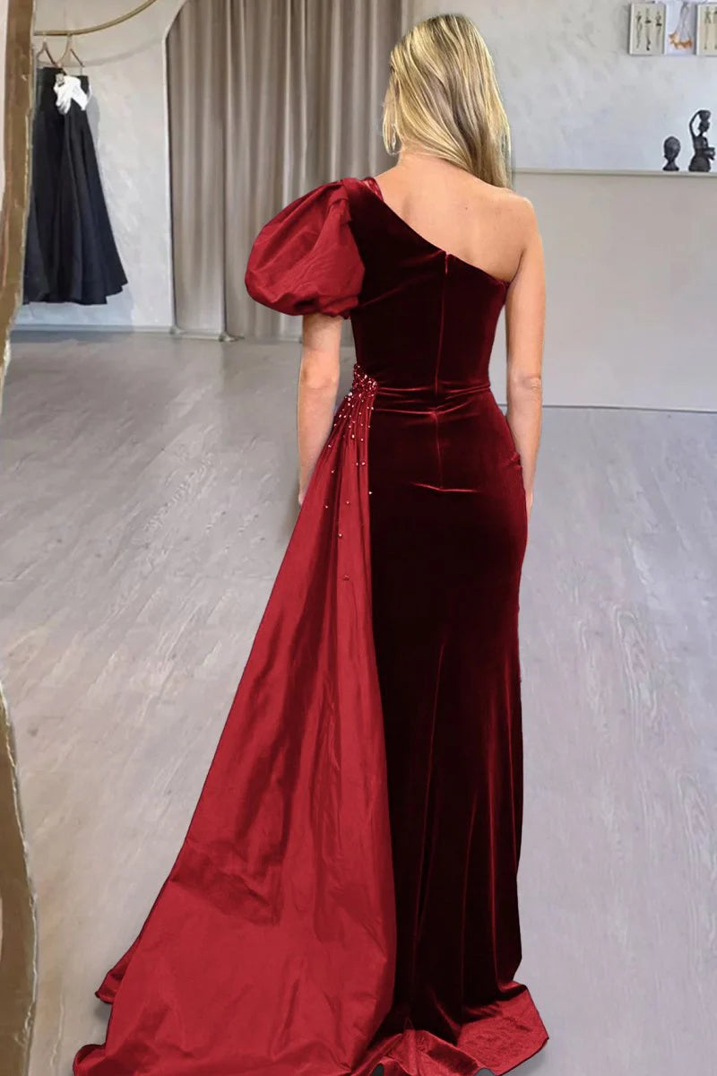 Mermaid One-Shoulder Beaded Velvet Royal Blue Long Evening Dress With Train