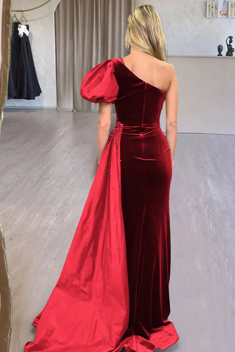 Mermaid One-Shoulder Beaded Velvet Royal Blue Long Evening Dress With Train