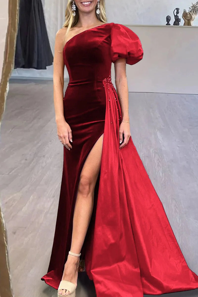 Mermaid One-Shoulder Beaded Velvet Royal Blue Long Evening Dress With Train