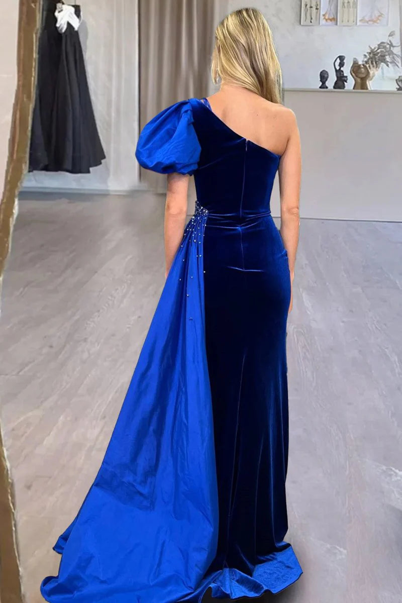 Mermaid One-Shoulder Beaded Velvet Royal Blue Long Evening Dress With Train