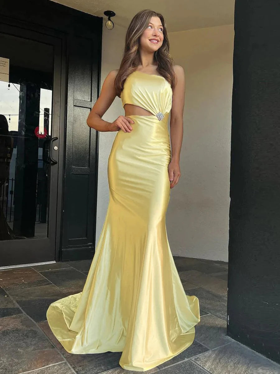 Mermaid One-Shoulder Cutout Satin Champagne Prom Dress With Sweep Train
