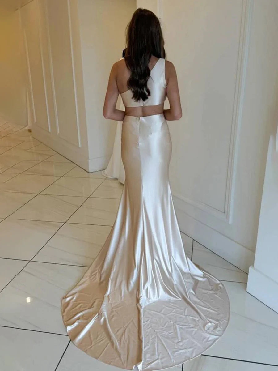 Mermaid One-Shoulder Cutout Satin Champagne Prom Dress With Sweep Train