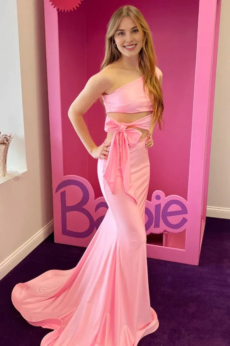 Mermaid One-Shoulder Cutout Satin Pink Prom Dress With Sweep Train