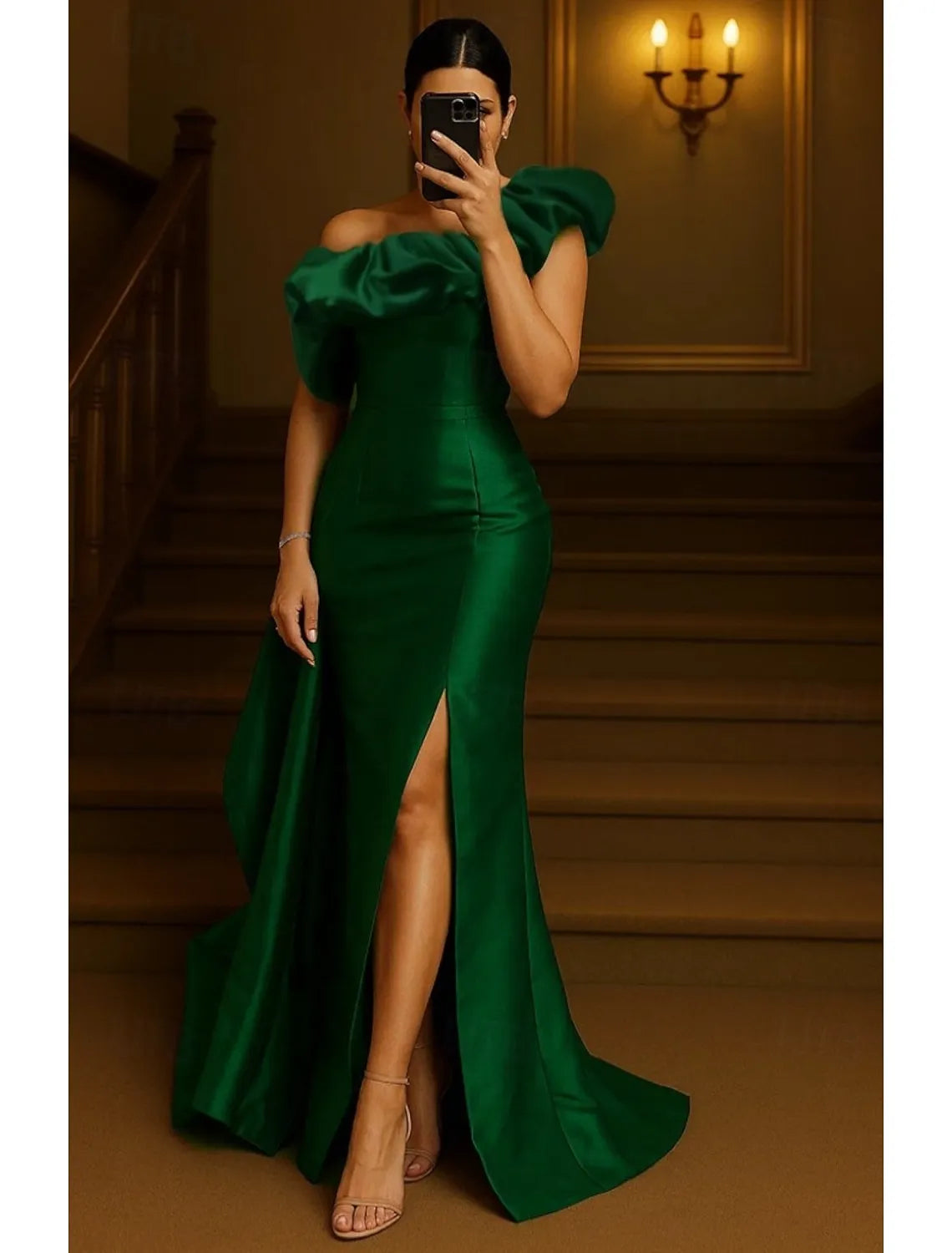 Mermaid One-Shoulder Ruffle Satin Emerald Green Maxi Prom Dress With Slit