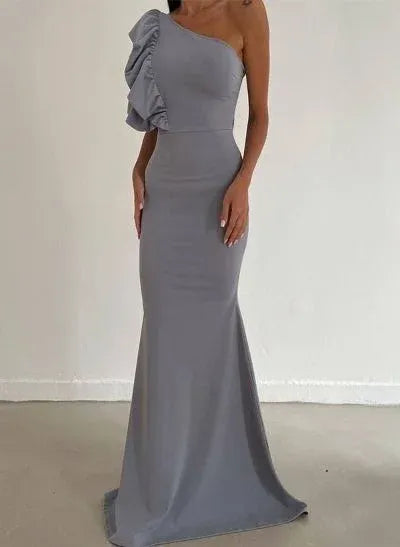 Mermaid One-Shoulder Ruffle Sleeve Grey Floor Length Prom Dress For Women