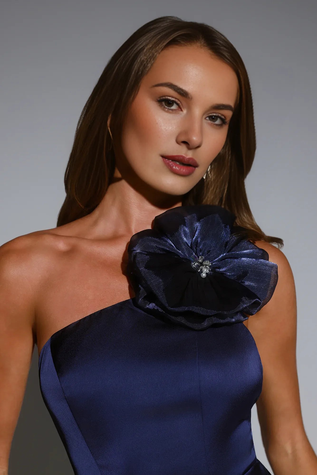 Mermaid One Shoulder 3D Flower Open Back Satin Navy Maxi Prom Dress