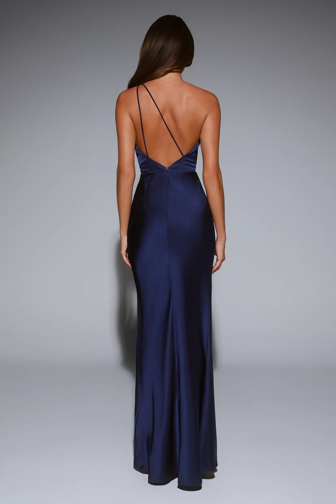 Mermaid One Shoulder 3D Flower Open Back Satin Navy Maxi Prom Dress