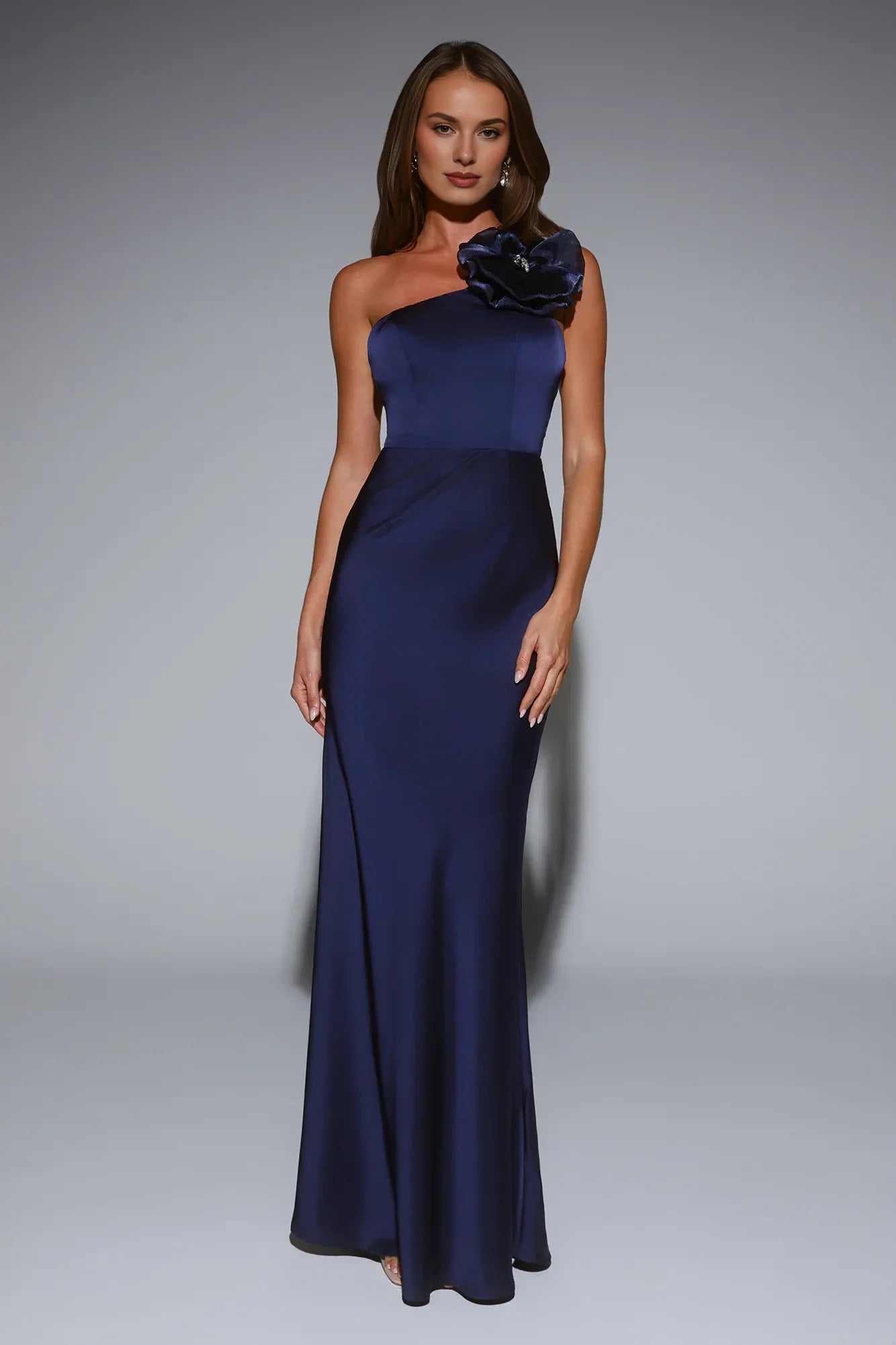 Mermaid One Shoulder 3D Flower Open Back Satin Navy Maxi Prom Dress