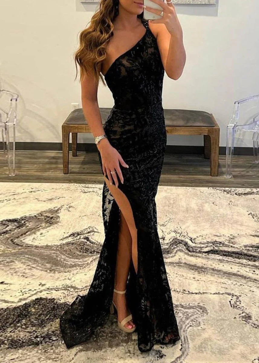 Mermaid One Shoulder Beaded Sequin Lace Black Evening Dress With Slit