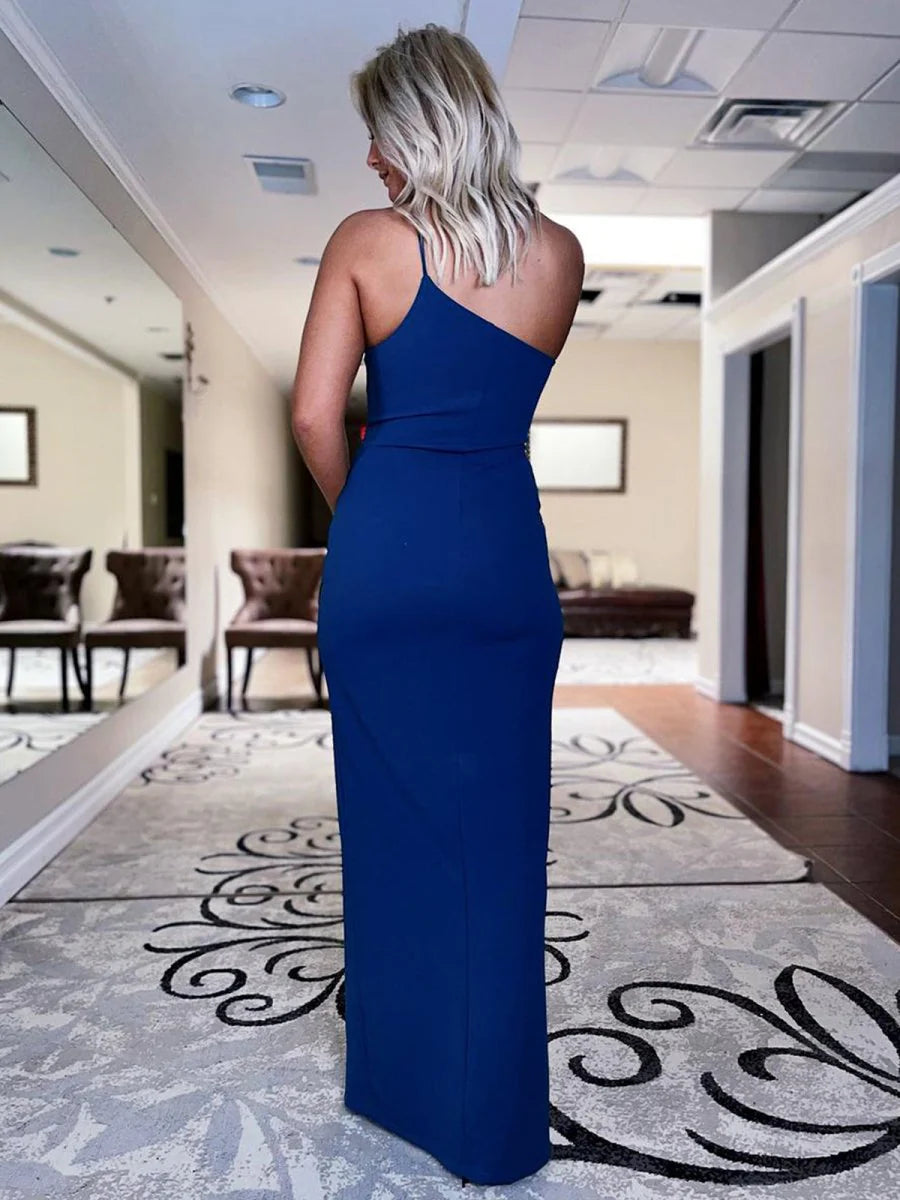 Mermaid One Shoulder Chiffon Royal Blue Long Evening Dress With Slit