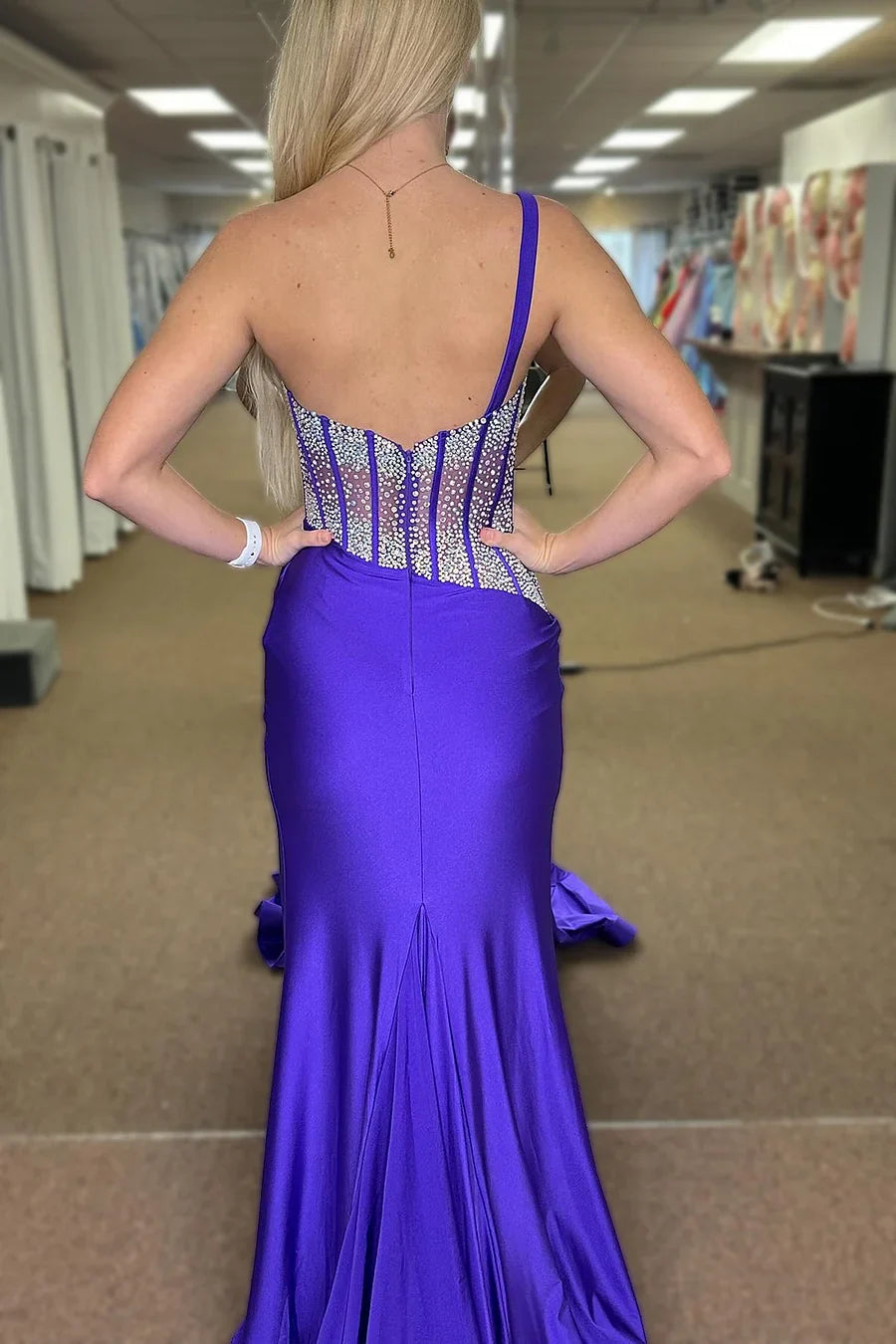 Mermaid One Shoulder Corset Beaded Black Long Evening Dress With Slit