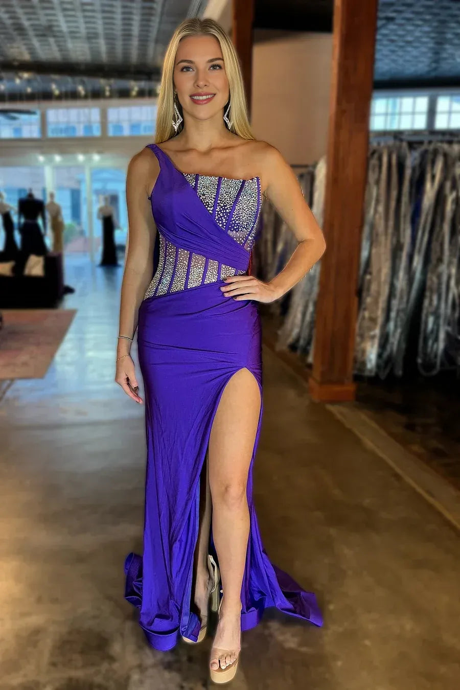 Mermaid One Shoulder Corset Beaded Black Long Evening Dress With Slit