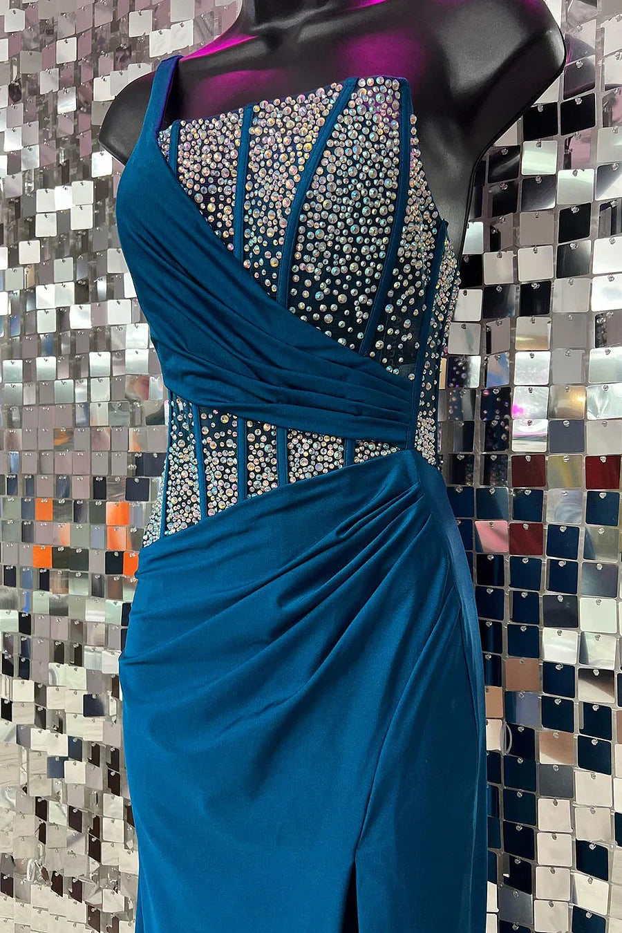 Mermaid One Shoulder Corset Beaded Black Long Evening Dress With Slit