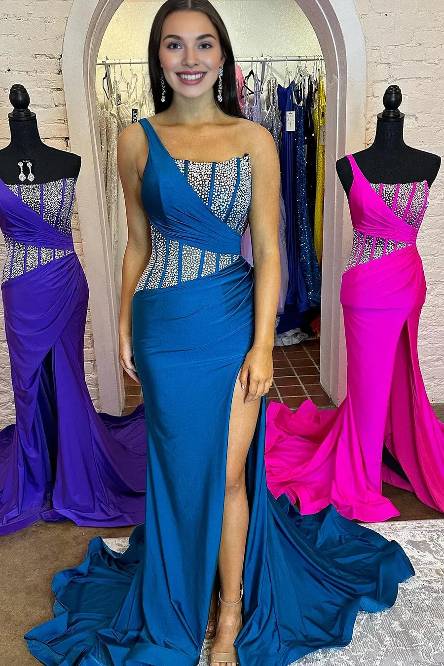 Mermaid One Shoulder Corset Beaded Black Long Evening Dress With Slit