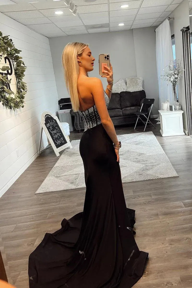 Mermaid One Shoulder Corset Beaded Black Long Evening Dress With Slit