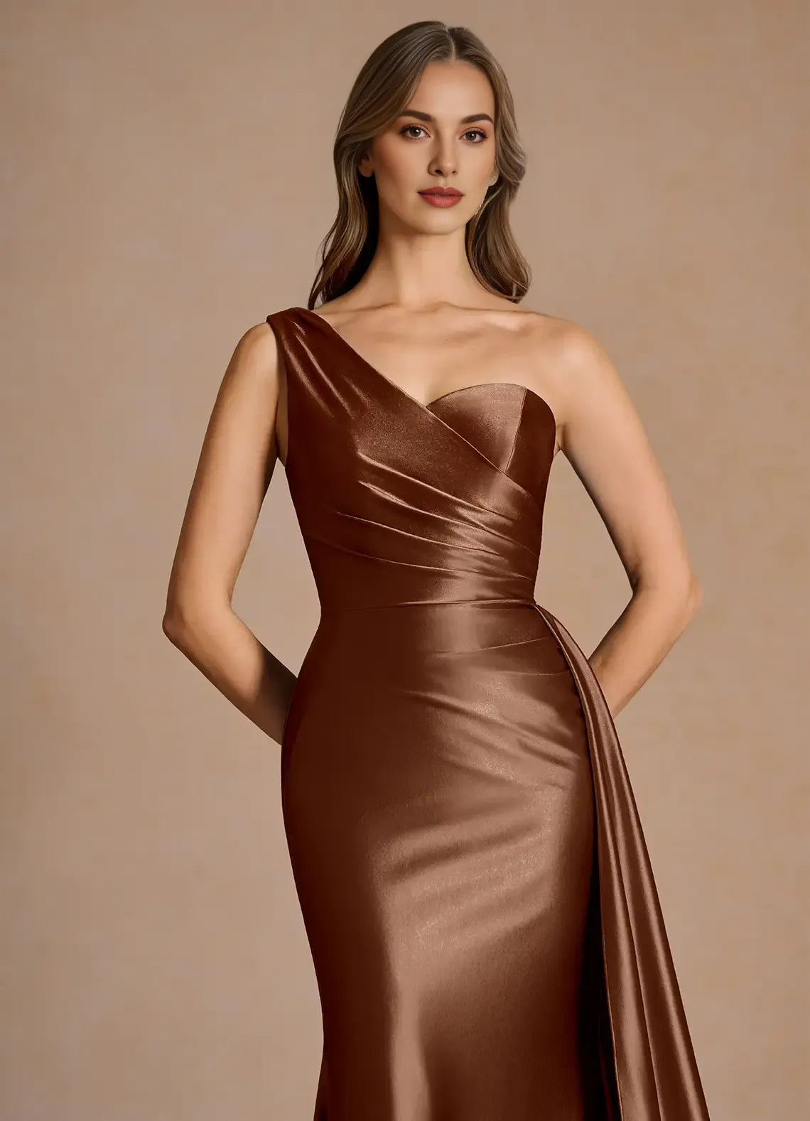 Mermaid One Shoulder Pleated Mocha Maxi Evening Dress With Streamer