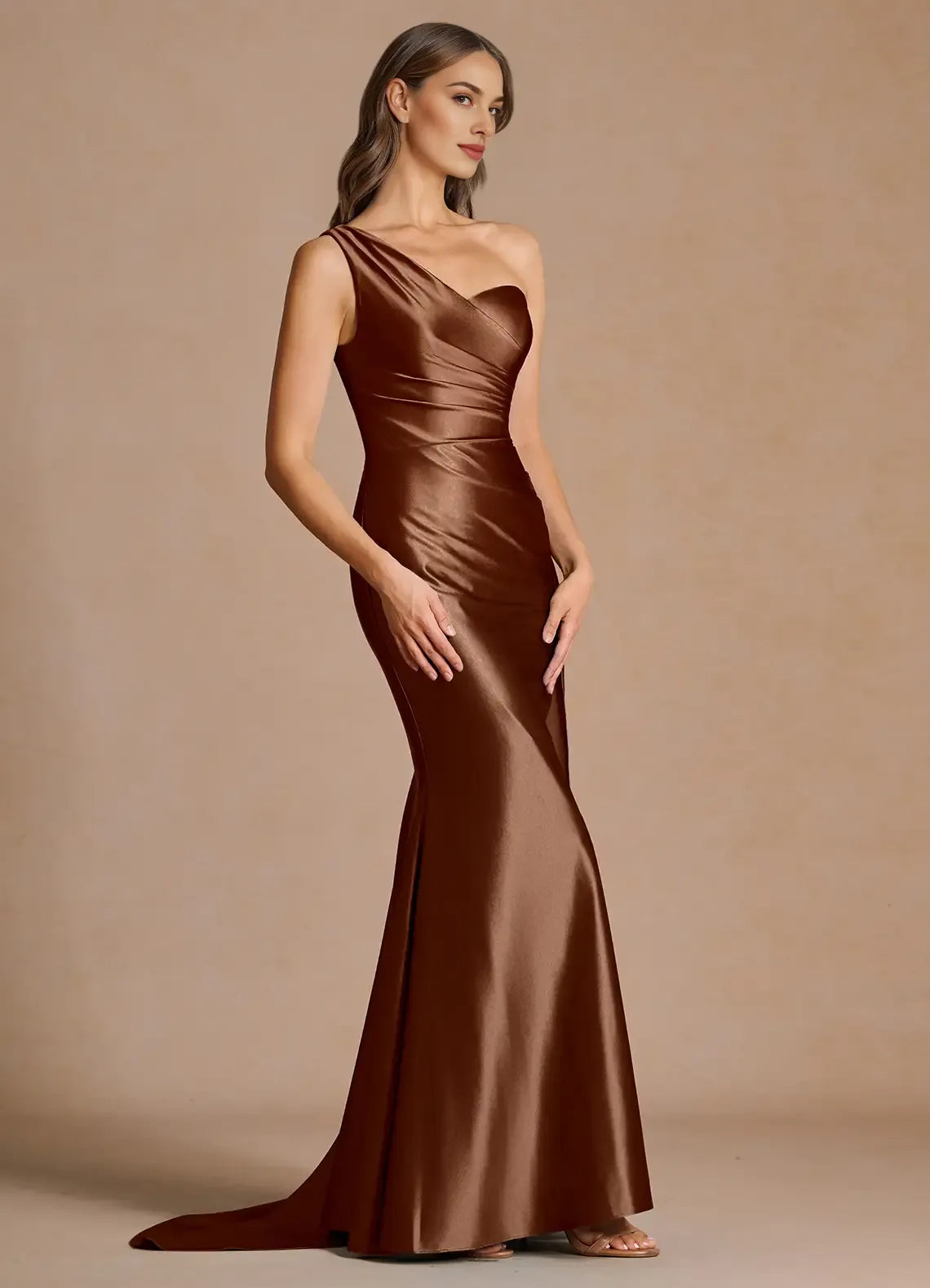 Mermaid One Shoulder Pleated Mocha Maxi Evening Dress With Streamer