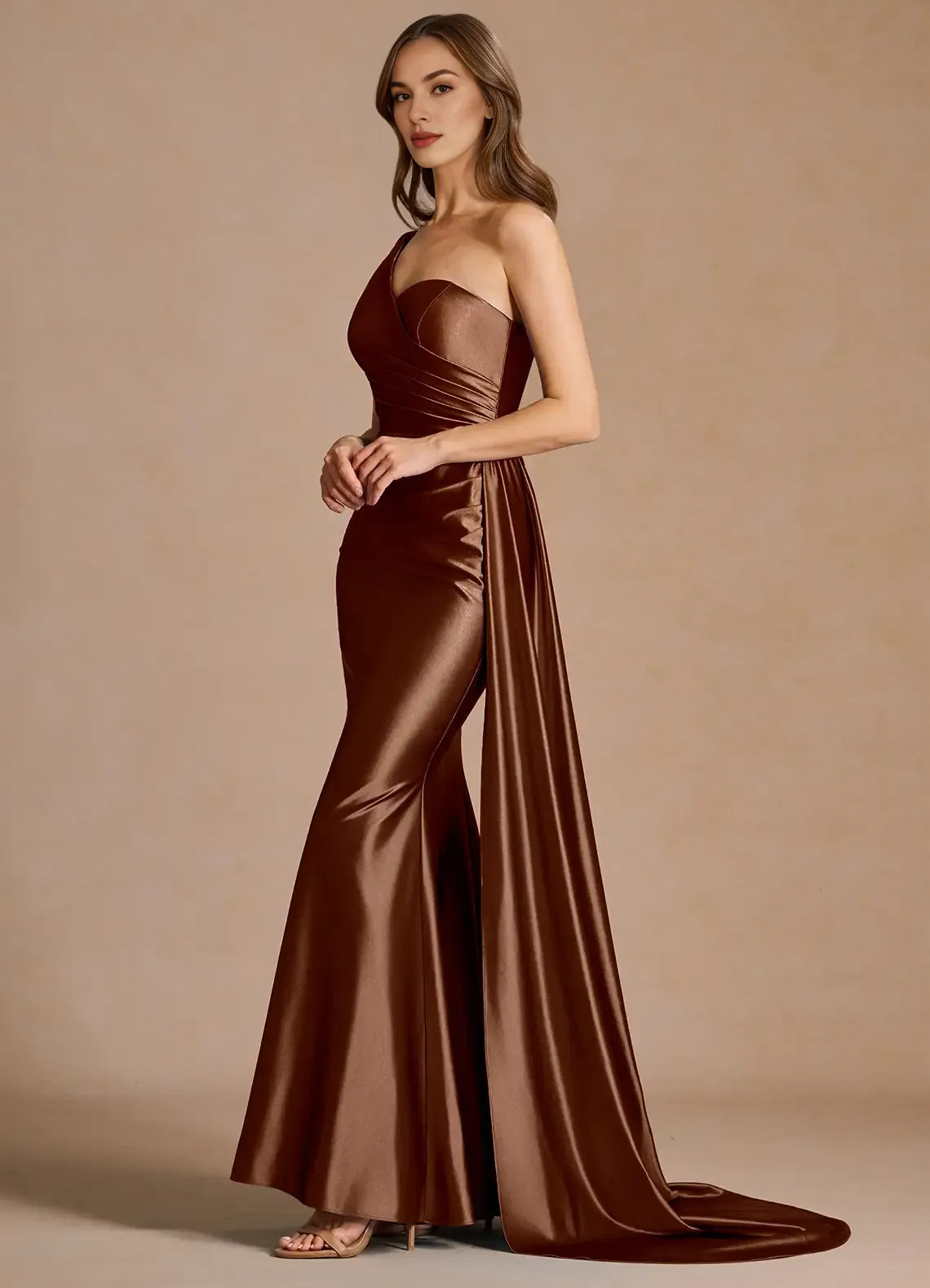 Mermaid One Shoulder Pleated Mocha Maxi Evening Dress With Streamer