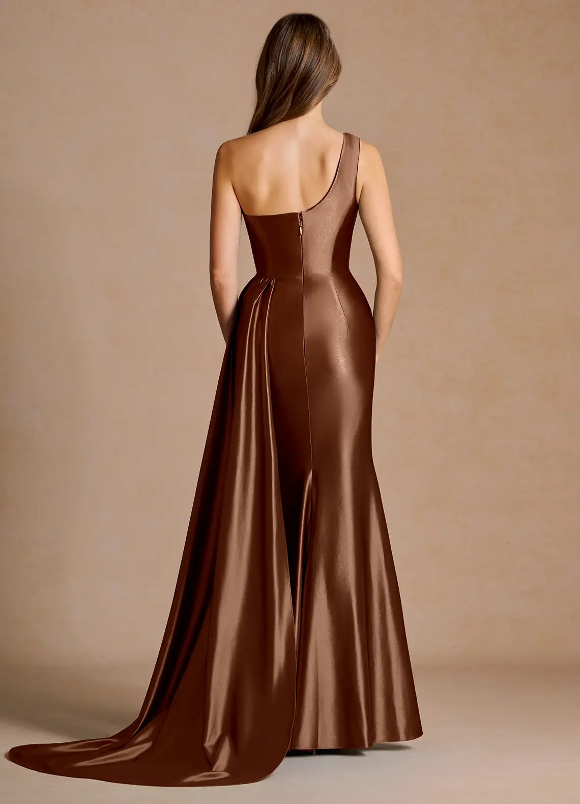 Mermaid One Shoulder Pleated Mocha Maxi Evening Dress With Streamer