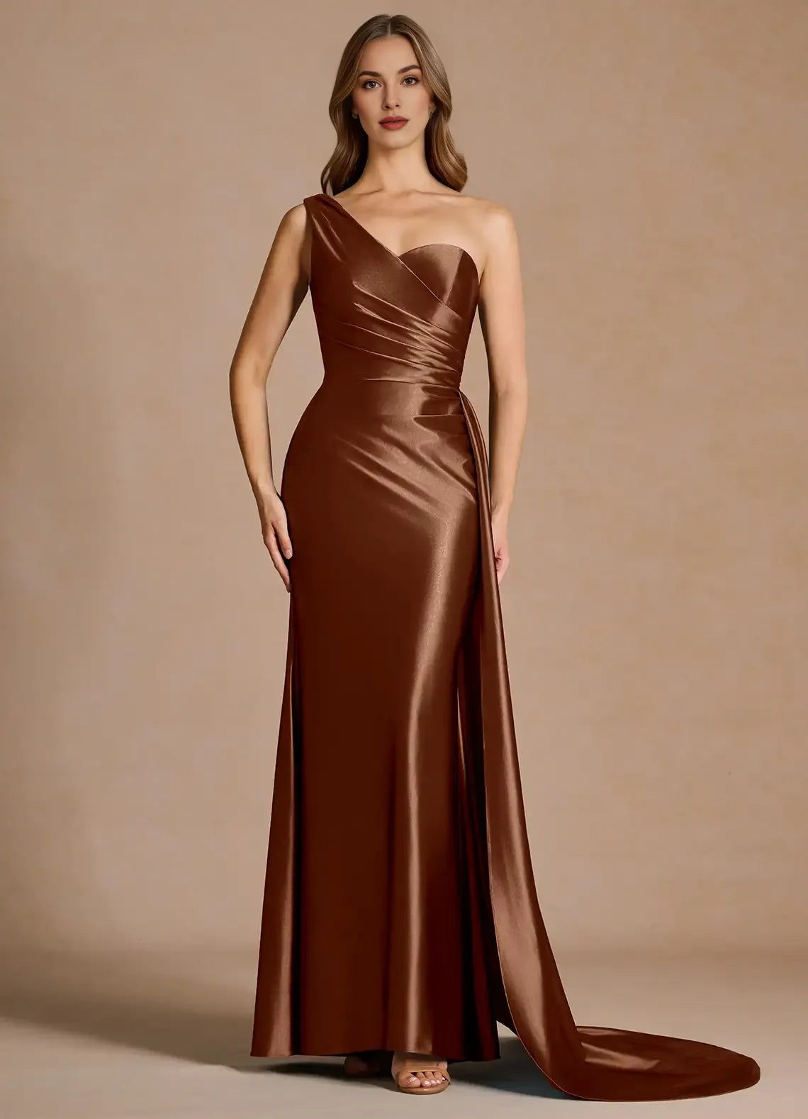 Mermaid One Shoulder Pleated Mocha Maxi Evening Dress With Streamer