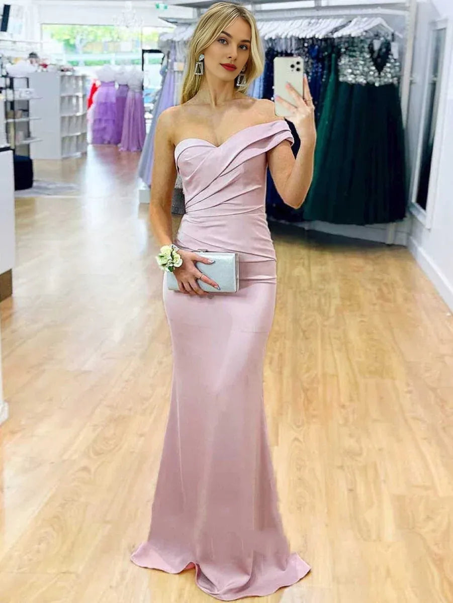 Mermaid One Shoulder Pleated Satin Purple Floor Length Evening Dress